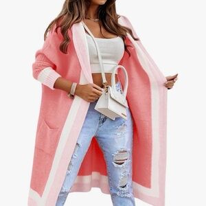 Women's Pink and White Open Front Cardigan